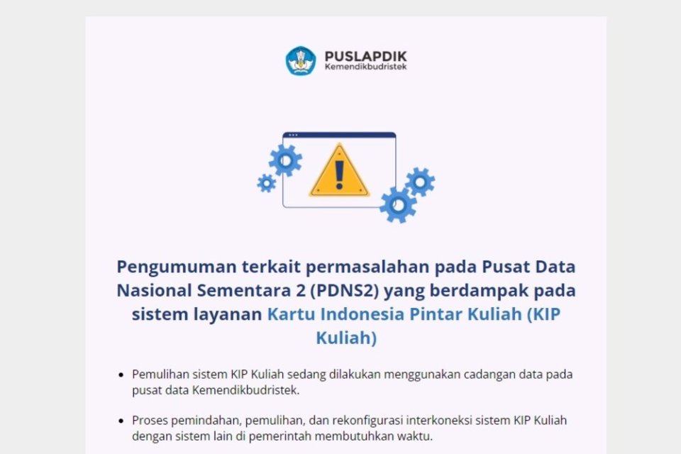 Tangkapan layar situs KIP Kuliah yang terdampak dari serangan ransomware atas Pusat Data Nasional (PDN)