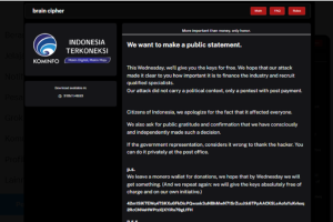 Pengumuman oknum yang mengaku geng brain cipher ransomware kepada Pemerintah Indonesia