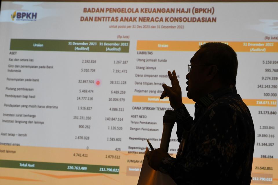 Anggota Badan Pelaksana BPKH Amri Yusuf menyampaikan keterangan kepada wartawan dalam konferensi pers di Jakarta, Selasa (23/7/2024). 