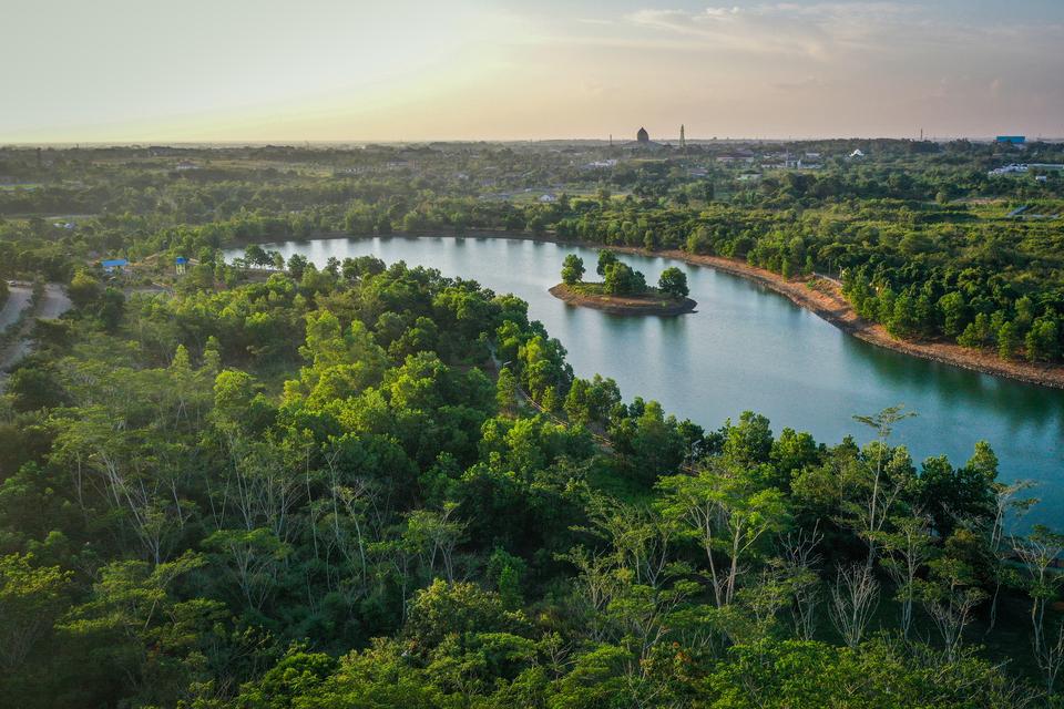 Foto udara suasana Taman Hutan Hujan Tropis Indonesia (TH2TI) di Perkantoran Pemerintah Provinsi Kalimantan Selatan, Banjarbaru, Kalimantan Selatan, Minggu (28/07/2024). 