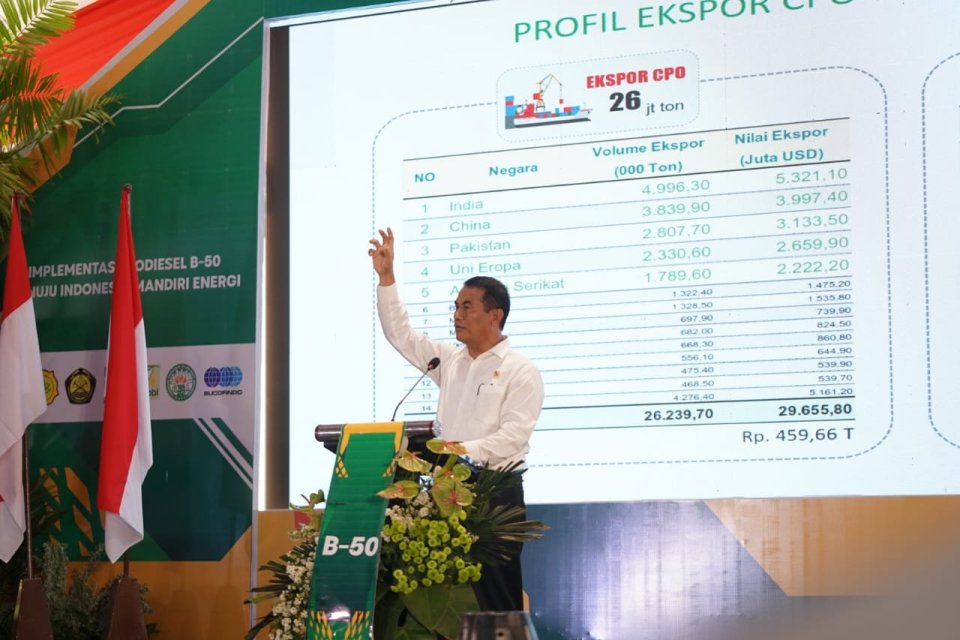 Menteri Pertanian Amran Sulaiman menyampaikan pidato saat soft launching biodiesel B50 di pabrik biodiesel PT Jhonlin Agro Raya, Batulicin, Kabupaten Tanah Bumbu, Kalimantan Selatan, Minggu (18/8/2024).