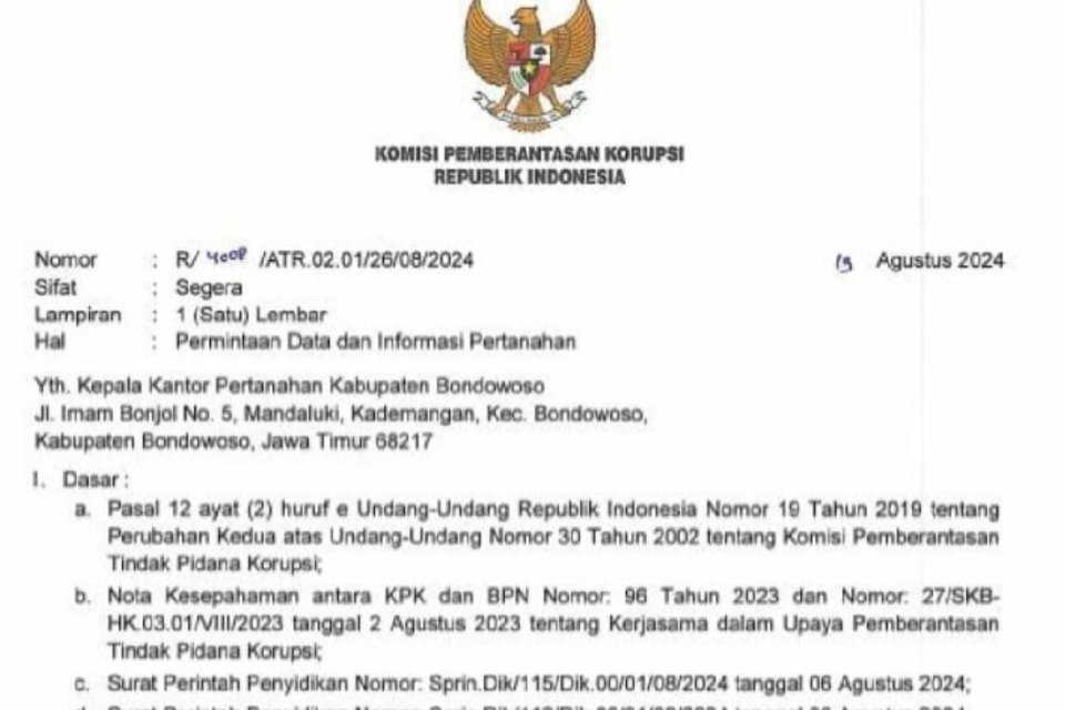Beredar surat KPK berisi informasi bahwa Bupati Situbondo Karna Suswandi ditetapkan sebagai tersangka atas dugaan korupsi gratifikasi.