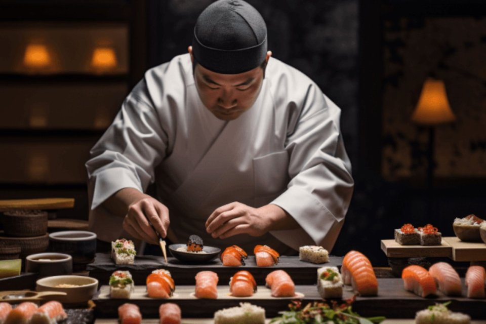 Seorang chef sedang menyajikan sushi di restoran Jepang dengan cara omakase