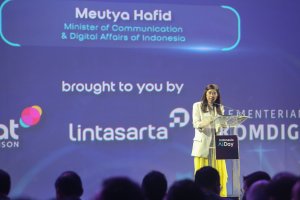 Menteri Komdigi Meutya Hafid dalam acara Indonesia AI Day 2024, di Jakarta Selatan pada Kamis (14/11/2024). 