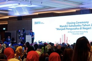 Direktur Utama Bank Mandiri Darmawan Junaidi saat memberikan sambutan dalam acara seremoni penutupan dan momen apresiasi Mandiri Sahabatku 2024 di Que