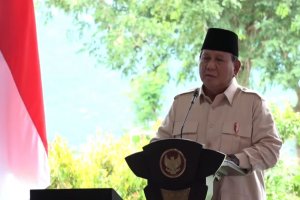 Presiden Prabowo Subianto saat peresmian PLTA Jatigede, Sumedang, Jawa Barat, Senin (20/1).