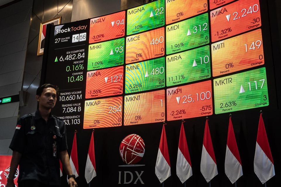 Pekerja melintas di depan layar digital yang menampilkan pergerakan Indeks Harga Saham Gabungan (IHSG) di Bursa Efek Indonesia (BEI), Jakarta, Kamis (27/3/2025). Pada penutupan perdagangan sebelum memasuki libur Idul Fitri 1446 H, IHSG ditutup di zona hij