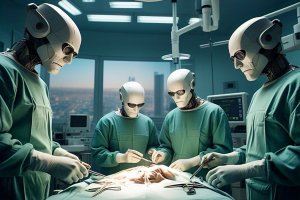 Ilustrasi robot sedang melakukan operasi di ruang operasi