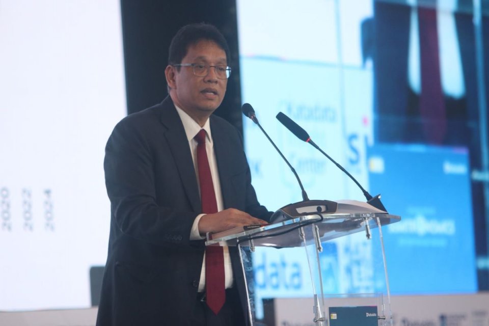 Kepala Lembaga Penjamin Simpanan (LPS) Purbaya Yudhi Sadewa dalam paparannya di Simposium Nasional "Sumitronomics dan Arah Ekonomi Indonesia" yang diselenggarakan Katadata, di Jakarta, Selasa (3/6).