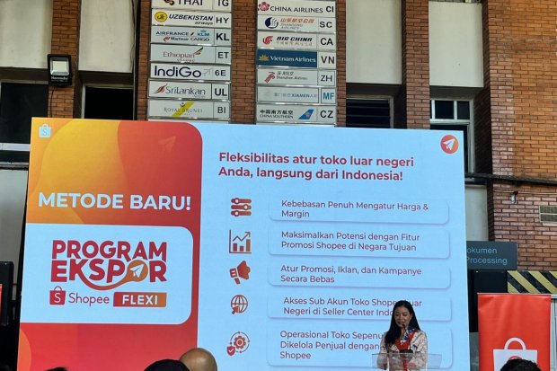 Deputy Director of Government Relations Shopee Indonesia Balques Manisang dalam acara peluncuran Program Ekspor Shopee 2.0 di Bandara Soekarno Hatta, 