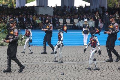 Upacara HUT ke-79 Bhayangkara di Monas (Foto: Katadata/Fauza Syahputra)