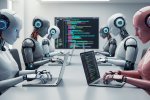 Ilustrasi robot melakukan coding