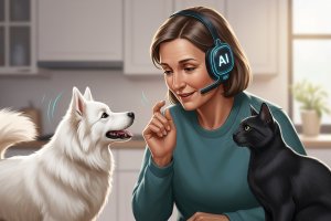 Ilustrasi manusia berbicara dengan anjing dan kucing