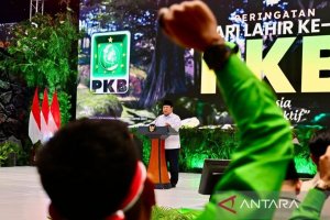 Presiden Prabowo Subianto saat berpidato dalam acara Hari Lahir (Harlah) Ke-27 PKB di Jakarta, Rabu (23/7/2025) malam.
