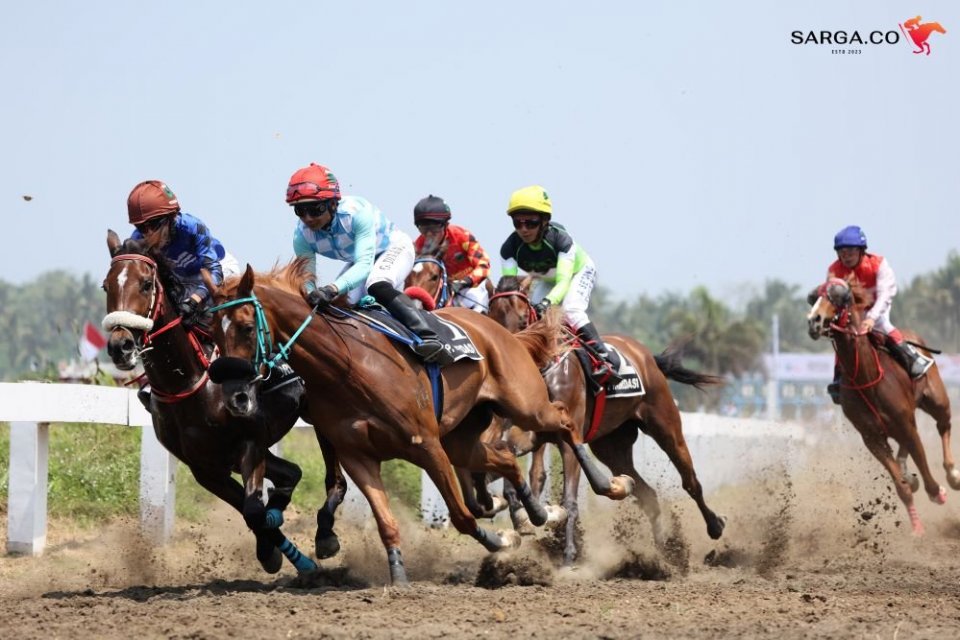 Kuda-kuda pacu melesat di lintasan Legok Jawa, Pangandaran, dalam ajang IHR-Merdeka Cup 2025 yang menyedot 15.000 penonton.