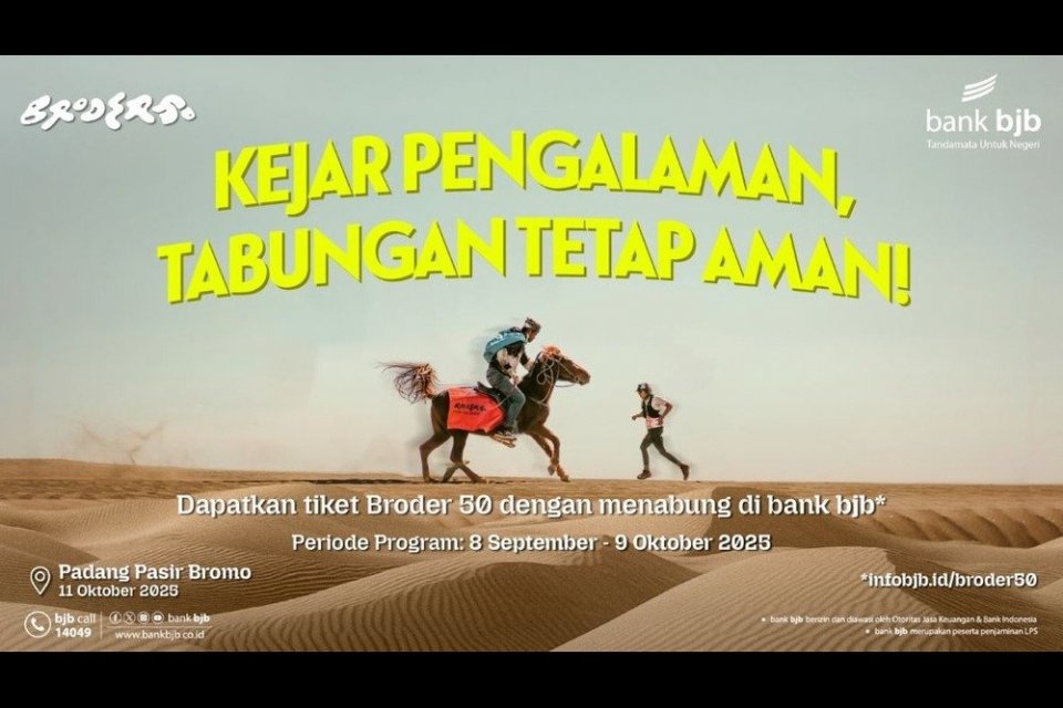 bank bjb mendukung gaya hidup sehat dengan promo BRODER50. Menabung lebih bernilai dengan hadiah tiket lari kategori 10K dan 25K di Bromo Desert Race 2025.