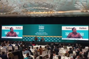 Presiden Prabowo Subianto di acara Forbes CEO Forum di Jakarta, Rabu (15/10). 