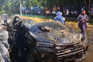 Sebuah mobil mengalami kerusakan usai tertimpa pohon tumbang di Jalan Darmawangsa, Jakarta Selatan, Kamis (30/10). 
