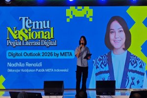 Manajer Kebijakan Publik META Indonesia, Nadhira Renaldi, di Temu Nasional Pegiat Literasi Digital, Selasa (16/12)