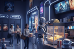 Robot melayani konsumen di bioskop yang tengah membeli popcorn