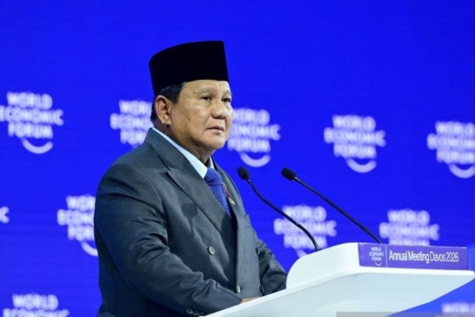 Presiden Prabowo Subianto saat menyampaikan pidato di World Economic Forum di Davos, Kamis (22/1)