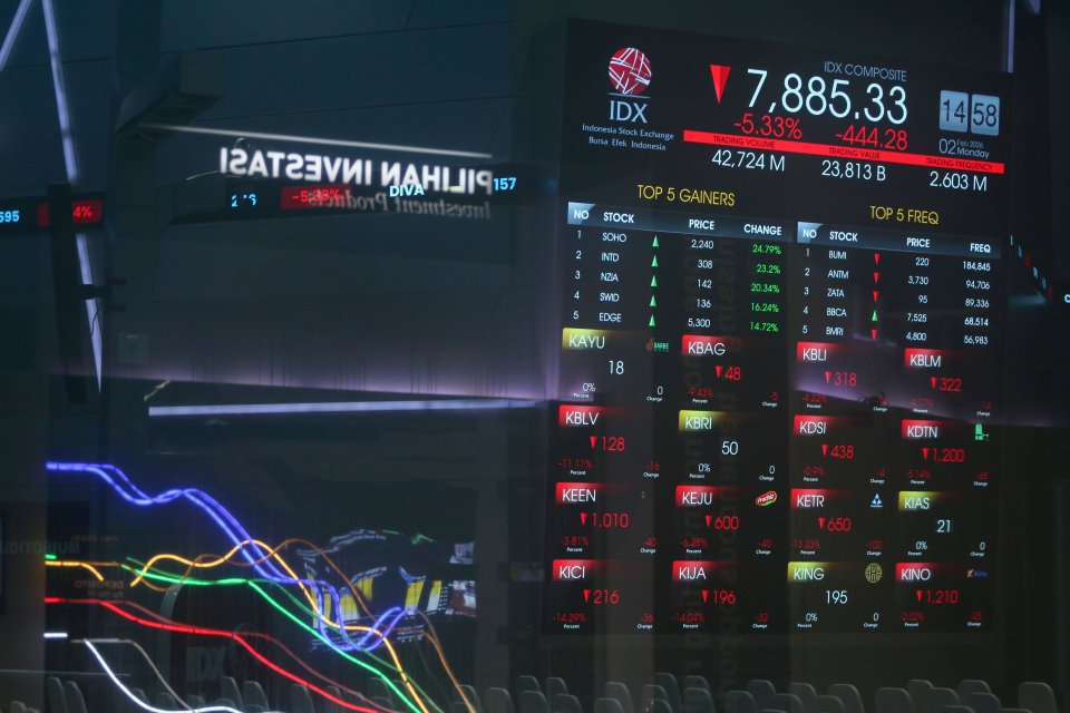 Layar digital yang menampilkan pergerakan Indeks Harga Saham Gabungan (IHSG) di Bursa Efek Indonesia, Jakarta, Senin (2/2/2026). IHSG ditutup melemah 4,88% atau 406,88 poin ke level 7.922 dengan volume transaksi perdagangan mencapai 50,39 miliar saham dan