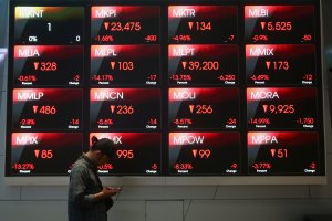 IHSG ditutup melemah 4,88% atau 406,88 poin ke level 7.922 (Foto: Katadata/Fauza Syahputra)