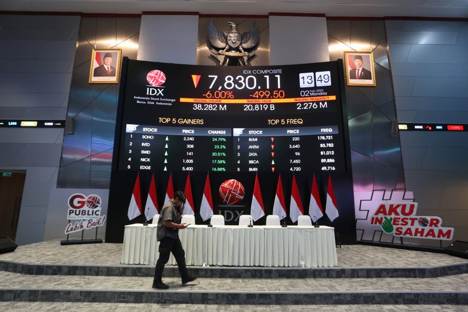 Pengunjung berjalan di dekat layar digital yang menampilkan pergerakan Indeks Harga Saham Gabungan (IHSG) di Bursa Efek Indonesia, Jakarta, Senin (2/2/2026). IHSG ditutup melemah 4,88% atau 406,88 poin ke level 7.922 dengan volume transaksi perdagangan me