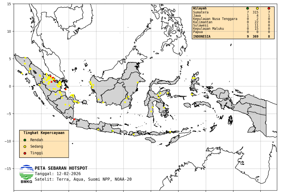 Peta Hotspot BMKG per 12 Februari 2026 menunjukkan ratusan titik api di seluruh Indonesia, terbanyak di Riau. Kebakaran dilaporkan terjadi area dengan status lahan beragam, termasuk hutan produksi, area penggunaan lain, dan hutan lindung.