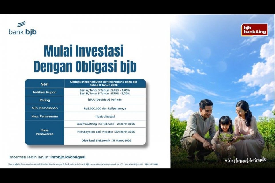 bank bjb luncurkan Obligasi Keberlanjutan I Tahap II Tahun 2026 yang menawarkan kupon kompetitif hingga 6,30% serta mendukung pembiayaan proyek hijau dan sosial berbasis prinsip ESG.