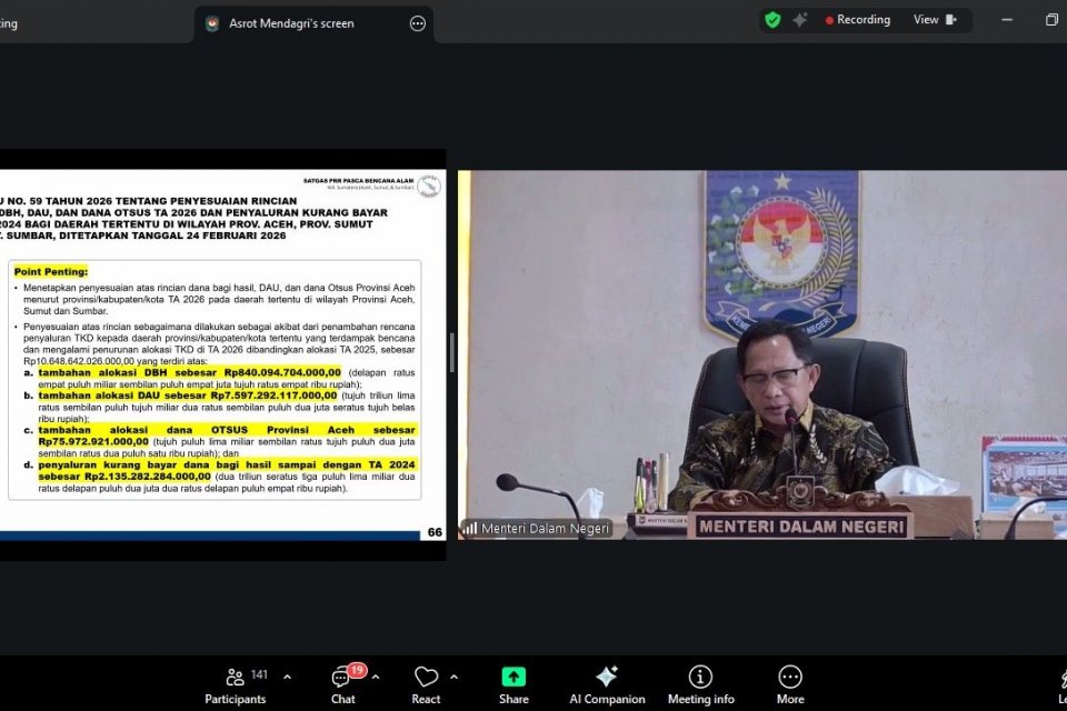 Menteri Dalam Negeri (Mendagri) selaku Ketua Satuan Tugas (Kasatgas) Percepatan Rehabilitasi dan Rekonstruksi (PRR) Pascabencana Sumatera Muhammad Tito Karnavian menegaskan penambahan dana Transfer ke Daerah (TKD) kepada daerah terdampak bencana di Sumate