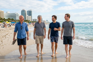 Ilustrasi AI: Pendiri Amazon Jeff Bezos, pendiri Google Larry Page dan Sergey Brin, serta pendiri Facebook Mark Zuckerberg
