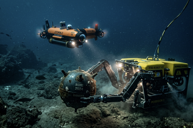 Ilustrasi drone bawah laut dan robot membersihkan ranjau di Selat Hormuz