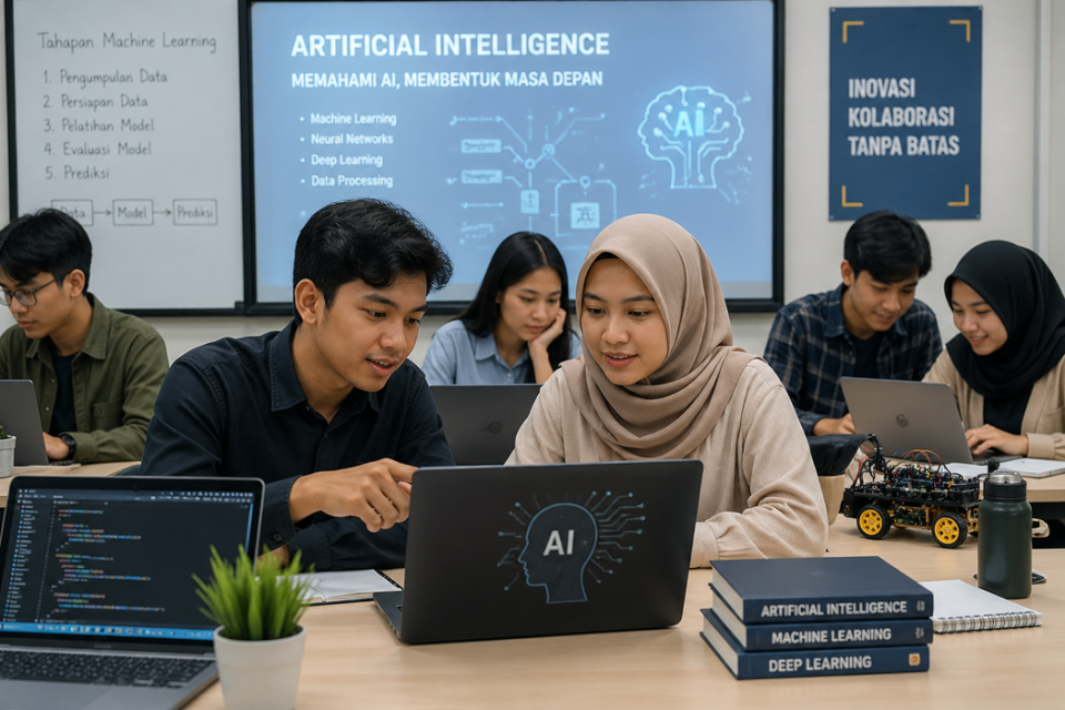 Ilustrasi, mahasiswa dan mahasiswi sedang mempelajari AI, prodi, 