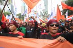 Demonstrasi Buruh di Kemenaker (Foto: Katadata/Fauza Syahputra)