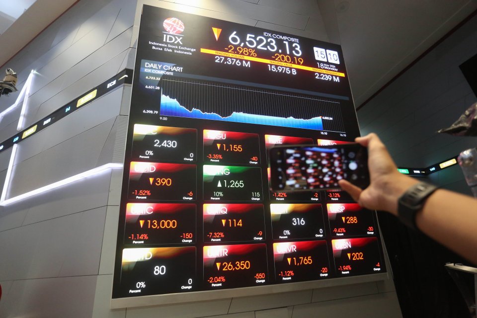 Pengunjung memotret layar digital yang menunjukkan pergerakan Indeks Harga Saham Gabungan (IHSG) di Bursa Efek Indonesia, Jakarta, Senin (18/5/2026). IHSG turun 1,85% atau 124,08 poin ke Rp 6.599 pada penutupan perdagangan dengan volume transaksi perdagan