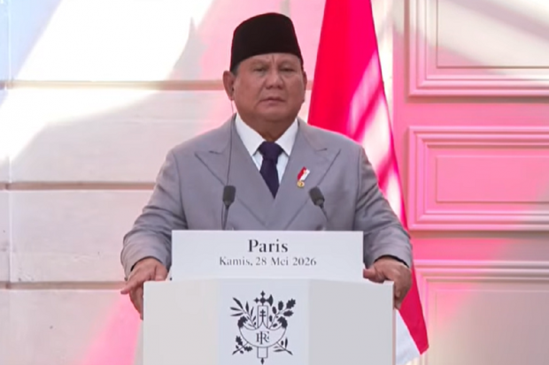 Presiden Prabowo Subianto saat berpidato di Istana Elysee, Paris, Kamis (28/5). 