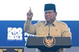 Prabowo Subianto memberikan sambutan pada agenda ‘Building Indonesia's Future Generations Through Nutrition’ yang diselenggarakan di Sentul Internati