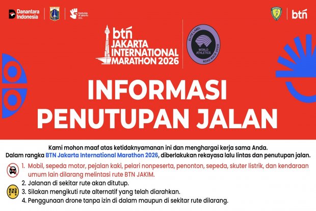 Penutupan jalan selama BTN Jakarta International Marathon 2026 berlangsung.