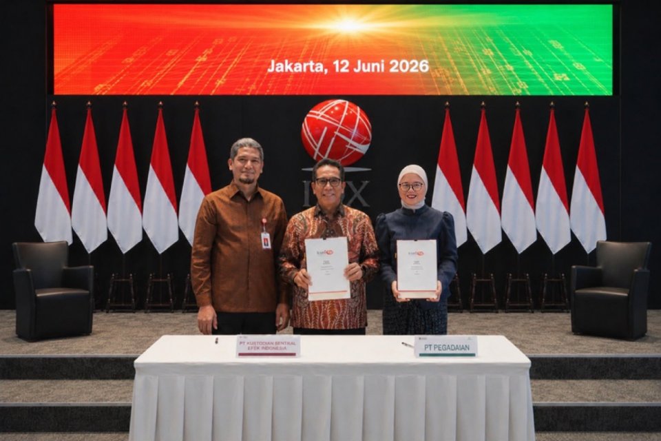 Pegadaian resmi menjadi Pemegang Rekening KSEI setelah penandatanganan kerja sama di Bursa Efek Indonesia, Jakarta, Jumat (12/6/2026). Langkah ini menjadi bagian dari persiapan implementasi EGR dan ETF Emas yang ditargetkan meluncur pada semester II 2026.