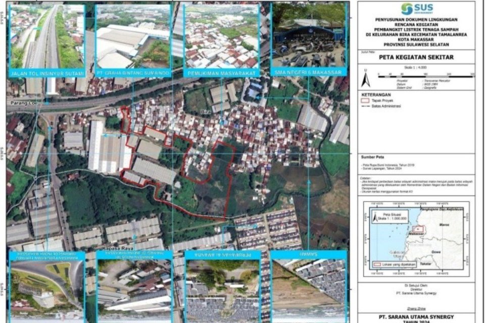 Peta lokasi proyek Pembangkit Listrik Tenaga Sampah (PLTSa) Makassar yang berdekatan dengan permukiman penduduk.