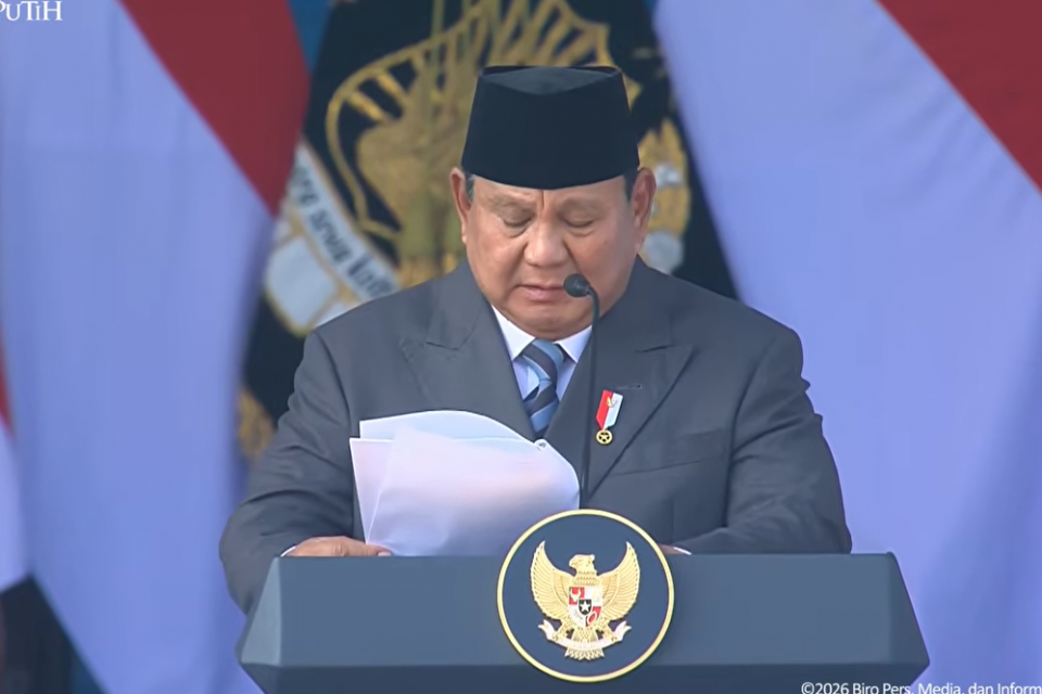 Presiden Prabowo Subianto berpidato dalam peringatan HUT Bhayangkara ke-80 di Bogor, Rabu (1/7).