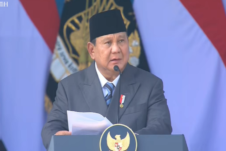 Presiden Prabowo Subianto saat perayaan Hari Bhayangkara di Satlat Brimob, Cikeas, Bogor, Rabu (1/7). Foto: Youtube/Sekretariat Presiden