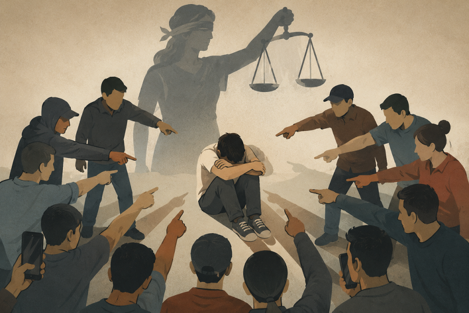 Ilustrasi main hakim sendiri. Ilustrasi: Katadata/Ameidyo Daud/Chatgpt