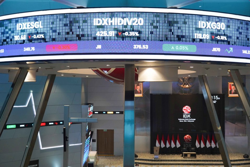 Layar digital yang menunjukkan pergerakan Indeks Harga Saham Gabungan (IHSG) di Bursa Efek Indonesia (BEI), Jakarta, Jumat (14/8/2026). IHSG ditutup naik 0,56% ke 6.337 pada perdagangan sesi pertama dengan rincian sebanyak 292 saham menguat, 297 saham ter