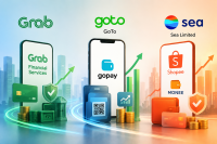 Ilustrasi bisnis fintech Grab, GoTo, Sea Limited Shopee