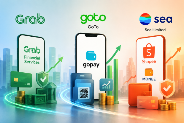 Ilustrasi bisnis fintech Grab, GoTo, Sea Limited Shopee