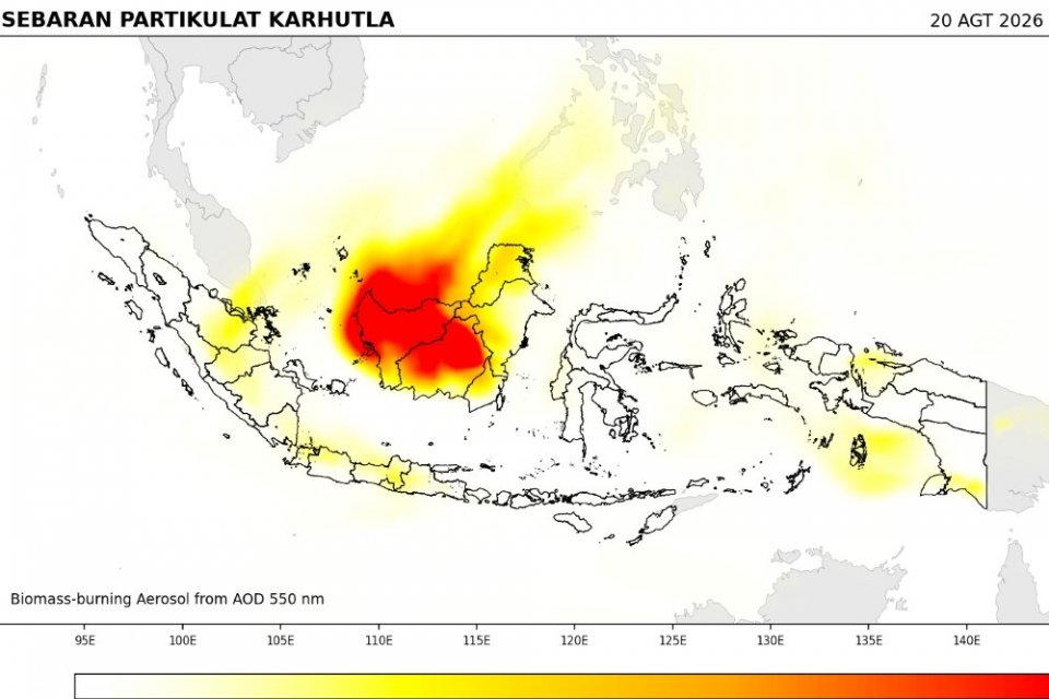 Peta sebaran partikulat karhutla pada Kamis (20/8). Peta menunjukkan peningkatan penyebaran dan konsentrasi aerosol di atmosfer Kalimantan yang mengindikasikan memburuknya kabut asap karhutla.