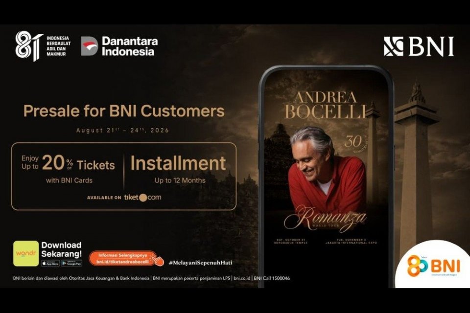 BNI membuka presale eksklusif konser Andrea Bocelli “Romanza—30th Anniversary World Tour” pada 21–24 Agustus 2026, dengan diskon tiket hingga 20% dan cicilan hingga 12 bulan bagi nasabah.