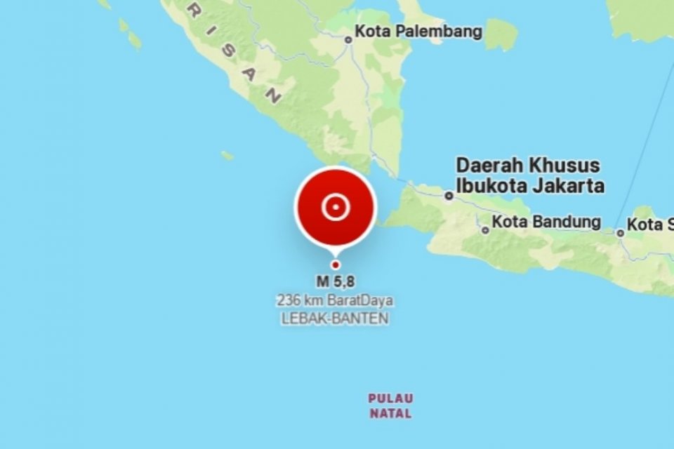 Gempa bumi bermagnitudo 5,8 mengguncang wilayah Pandeglang, pada Sabtu (22/8). 